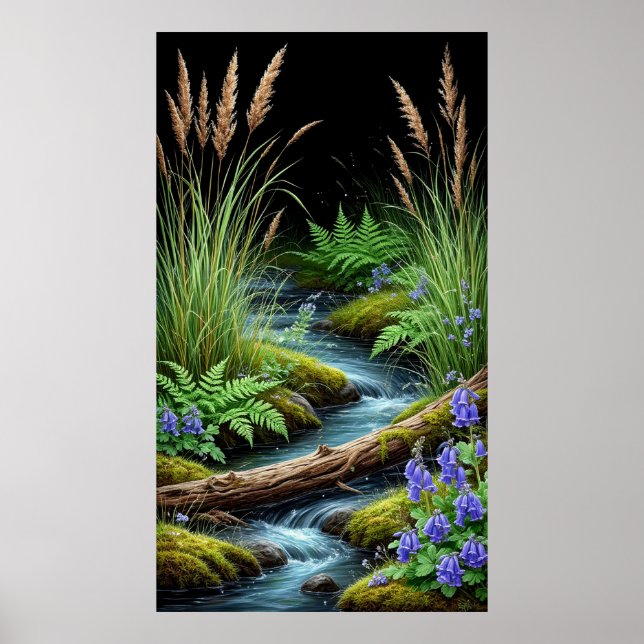 Póster 🌿 Tranquil Forest Stream with Wildflowers 💜✨ (Frente)