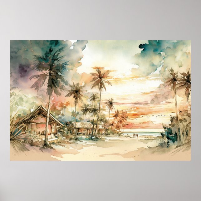 Póster Tranquila Sunset Tropical Beach Watercolor (Frente)