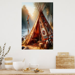 Póster Tranquila tepee indígena junto a un río sereno
