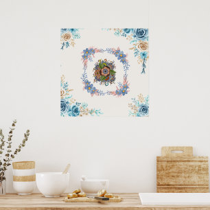 Póster Tranquilidad suave - Floral acuática Verde azulada