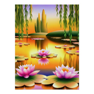 Póster Tranquilo atardecer con langostas de agua