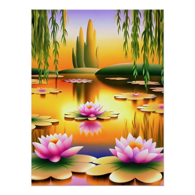 Póster Tranquilo atardecer con langostas de agua (Anverso)