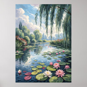 Póster Tranquilo estanque con lirios de agua y exuberante