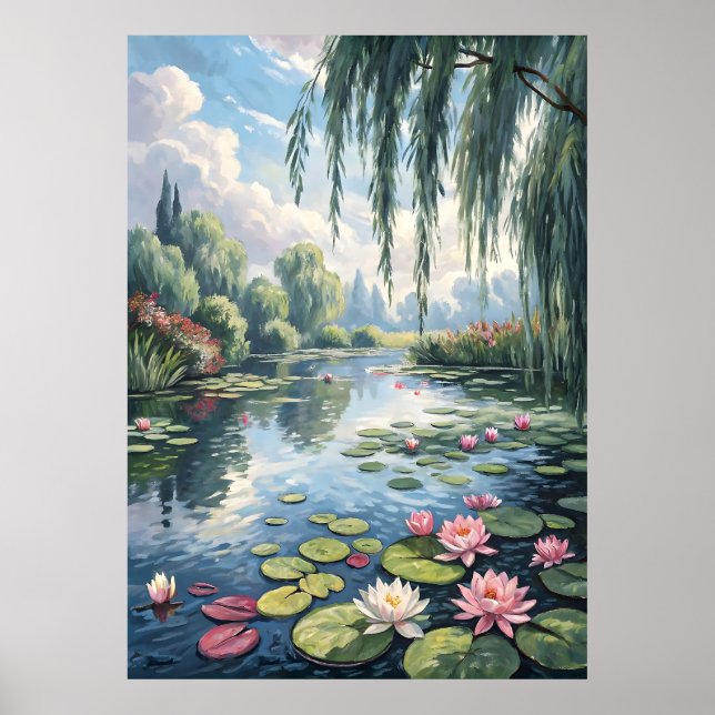 Póster Tranquilo estanque con lirios de agua y exuberante (Frente)