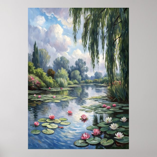 Póster Tranquilo estanque con lirios de agua y exuberante (Frente)