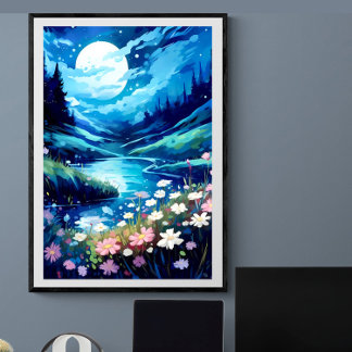 Póster Tranquilo paisaje de arroyos florales de la noche