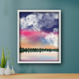 Póster Tranquilo paisaje panorámico del cielo rosado de B