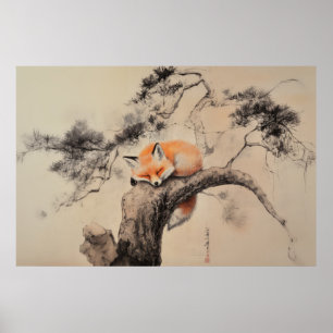 Póster Tranquilo Slumber - Sumi-e Style Fox en Pine
