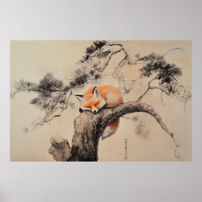 Póster Tranquilo Slumber - Sumi-e Style Fox en Pine (Frente)