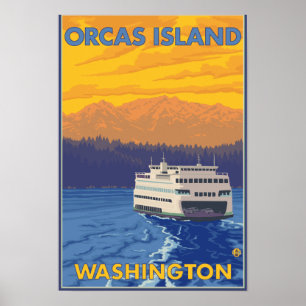 Póster Transbordador y montañas - orcas isla, Washington