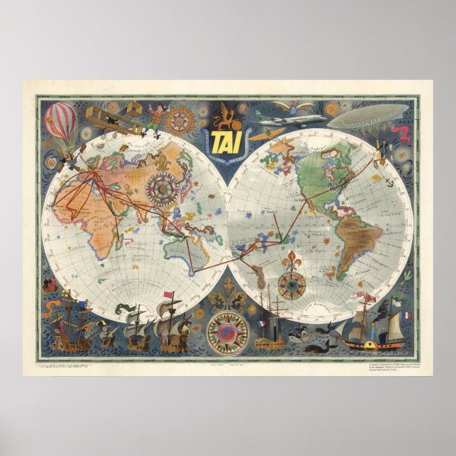 Póster Transport Aeriens Internationaux World Map (Frente)