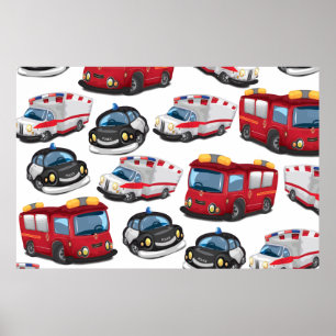 Póster transporte de la policía, ambulancia y bomberos