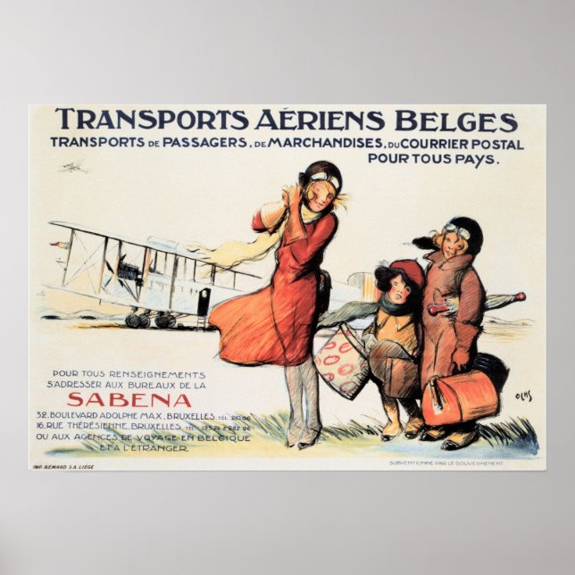 Póster Transportes Aeriens Belges Afiche de Viejo Viaje d (Frente)