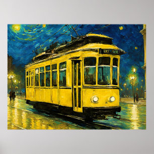 Póster tranvía amarillo en una noche estrellada -Budapest