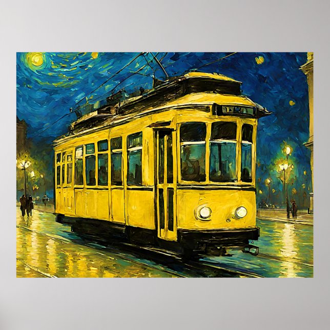 Póster tranvía amarillo en una noche estrellada -Budapest (Frente)