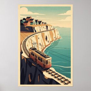Póster Tranvía en el acantilado y pueblo costero vintage