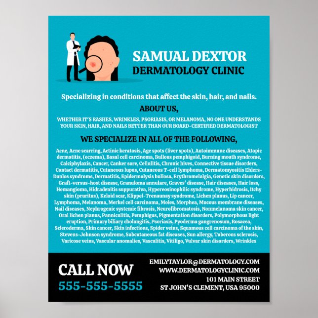 Póster Trastornos de la piel, Dermatólogo, Clínica Dermat (Frente)