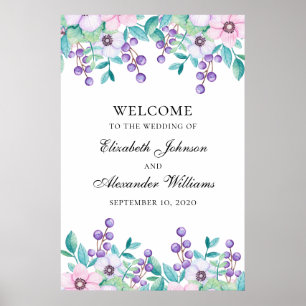 Póster Trato boda color agua rosa y violeta con flores