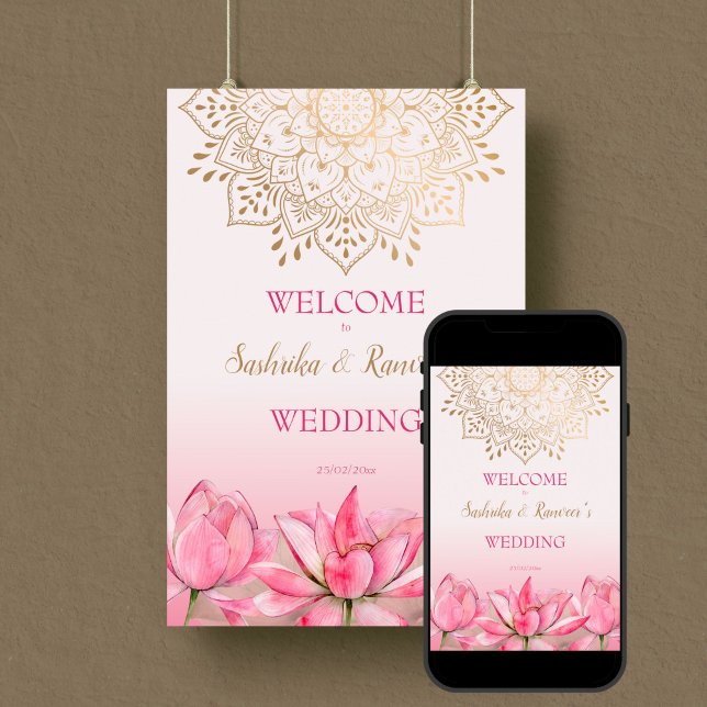 Póster Trato boda indio con oro de loto rosa mandala (Pink lotus gold mandala Indian wedding editable template welcome sign Poster digital download)