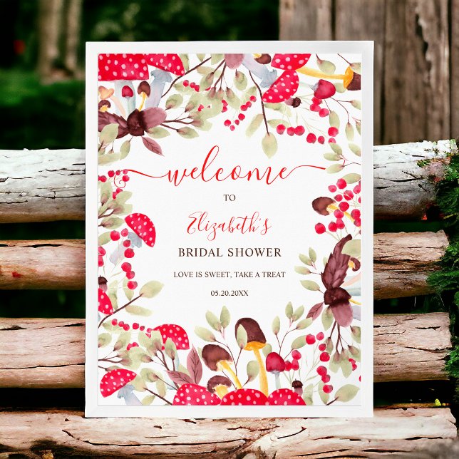 Póster Trato de bienvenida para una ducha de bebé en el b (Cute mushroom rustic forest baby shower welcome poster)