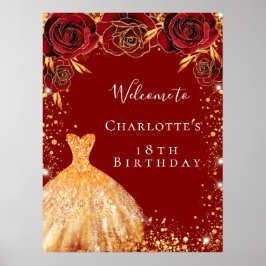 Póster Trato de vestido de flores de oro rojo fiesta de c