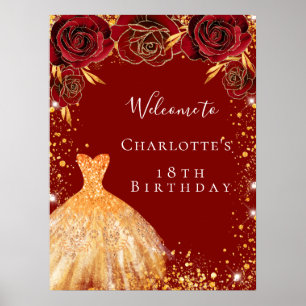 Póster Trato de vestido de flores de oro rojo fiesta de c