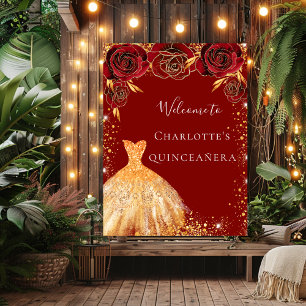 Póster Trato florido de purpurina de oro rojo Quinceanera