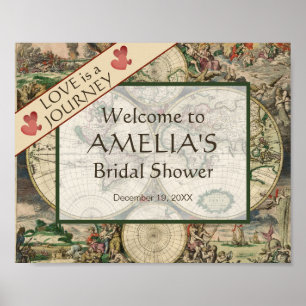 Póster Travel Bridal Shower Welcome Map Love is a Journey