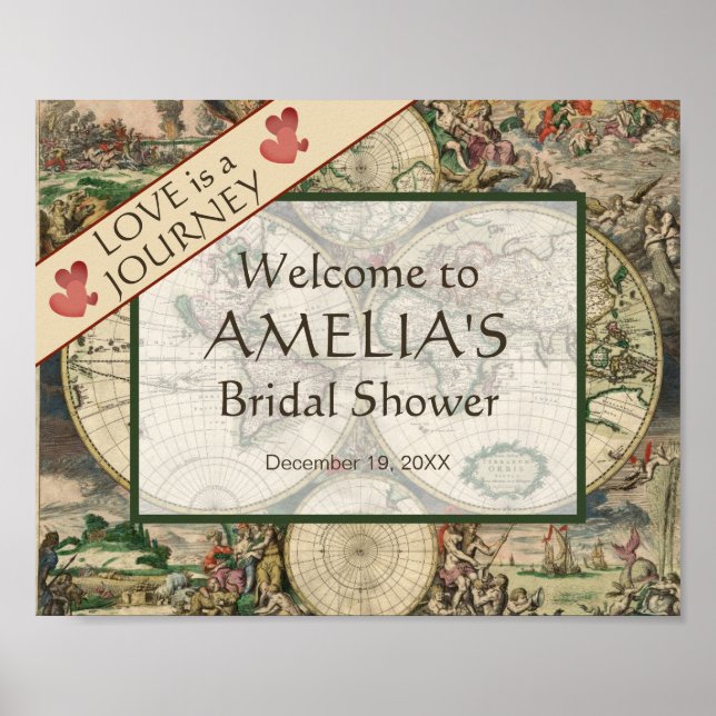 Póster Travel Bridal Shower Welcome Map Love is a Journey (Frente)