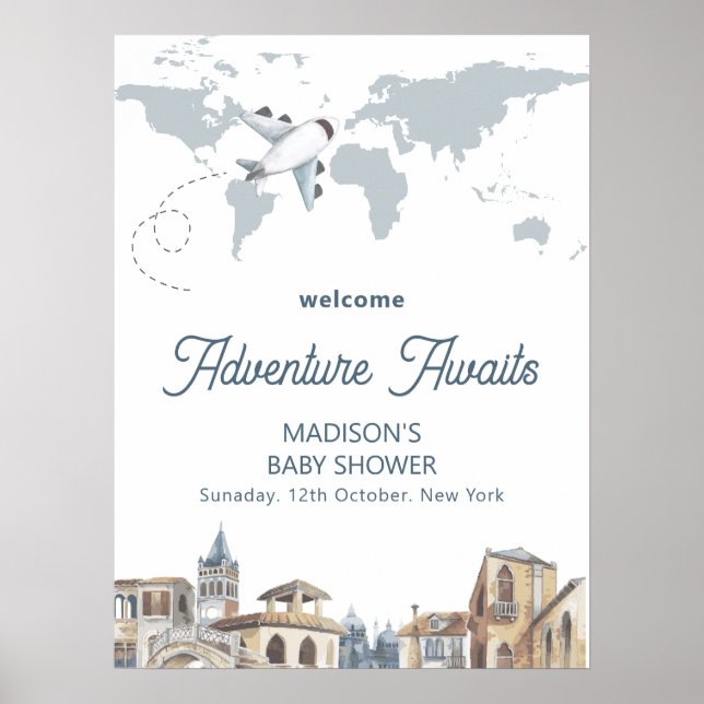 Póster Travel World Map Airplane Baby Shower Welcome  (Frente)