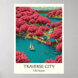 Póster Traverse City Michigan Vintage Cherry Blossom Art