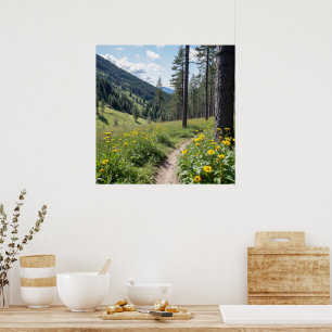 Póster Trayecto forestal con flores silvestres amarillas