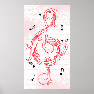 Póster treble clef Red scrollwork sol note key poster