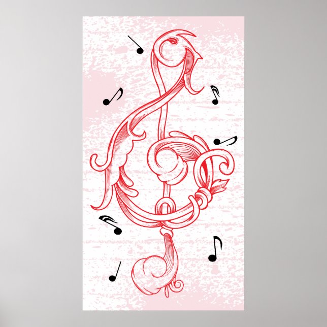 Póster treble clef Red scrollwork sol note key poster (Frente)