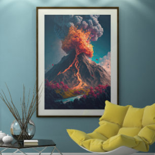 Póster Tree and Erupting Volcano Illustration