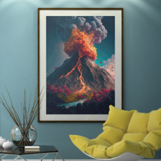 Póster Tree and Erupting Volcano Illustration