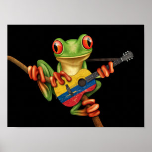 Póster Tree Frog Playing Colombian Flag Guitar Black