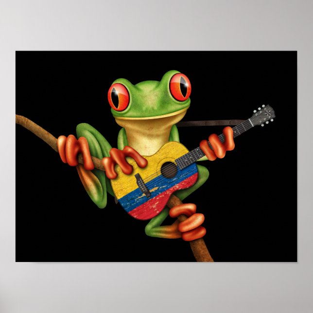 Póster Tree Frog Playing Colombian Flag Guitar Black (Frente)