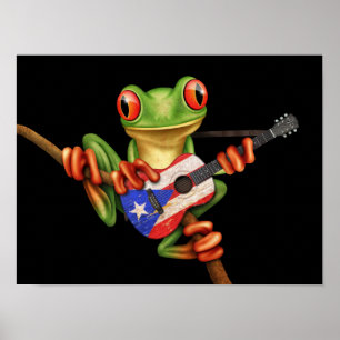Póster Tree Frog Playing Puerto Rico Flag Guitar Black