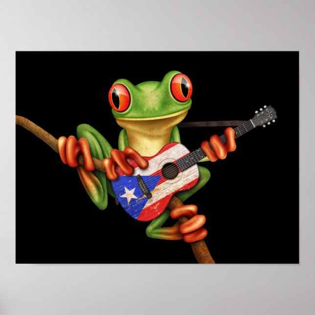 Póster Tree Frog Playing Puerto Rico Flag Guitar Black (Frente)