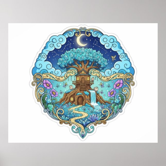 Póster Tree House Under Moon Fantasy magical illustration (Frente)