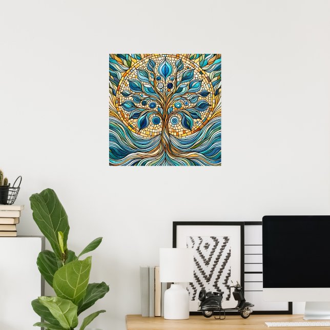 Póster Tree of Life Shattered Glass Mosaic Aqua Blues  (Oficina en casa)