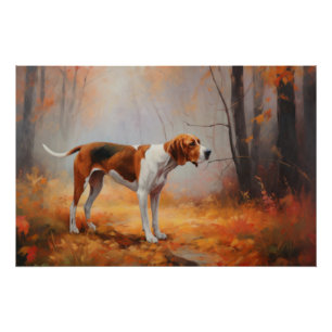 Póster Treeing Walker Coonhound en Hojas de Otoño que Cae