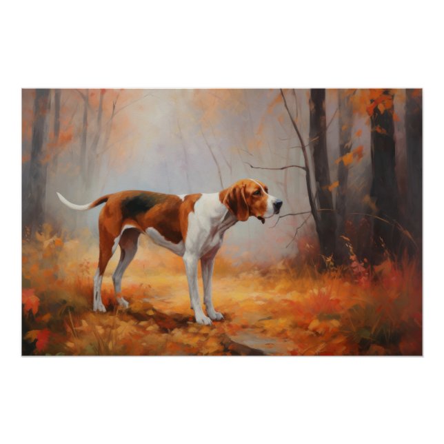 Póster Treeing Walker Coonhound en Hojas de Otoño que Cae (Anverso)