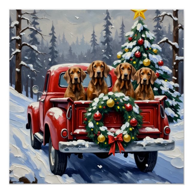 Póster Treeing Walker Coonhound Navidad Camión Rojo (Anverso)
