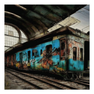 Póster Tren abandonado con graffiti arte urbano