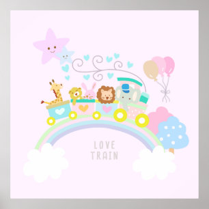 Póster Tren animales rosados