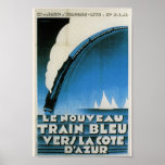 Póster Tren Bleu Cote D'Azur Viaje Francés Art Deco<br><div class="desc">Reproducción de poster de viajes vintage para "Le Nourveau Train Bleu Vers La Cote D'Azur". Circa 1928,  gran estilo Art Decó en azul,  negro y blanco.</div>