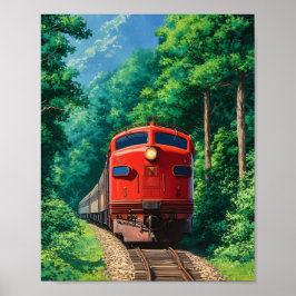 Póster Tren de locomotora roja escénica montaña bosque