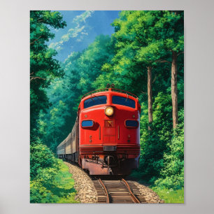 Póster Tren de locomotora roja escénica montaña bosque